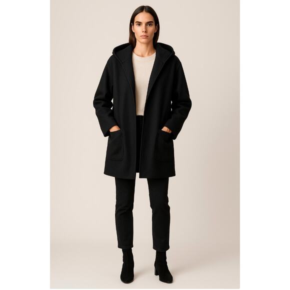 Herman Kay Womans L Luxury 100% Wool Car Coat Oversized Hooded Jacket Black - Picture 1 of 10